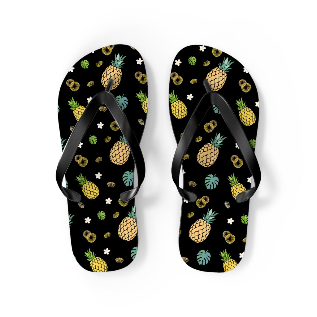 Unisex Black Pineapple Tropical Pattern EVA Polyester Flip Flops