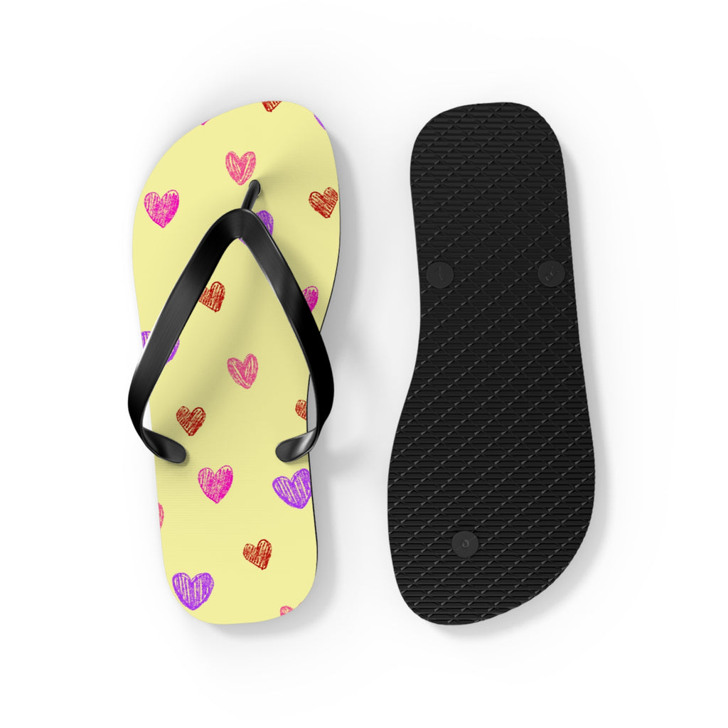 Unisex Light Yellow Colorful Hand Drawn Heart Pattern EVA Polyester Flip Flops