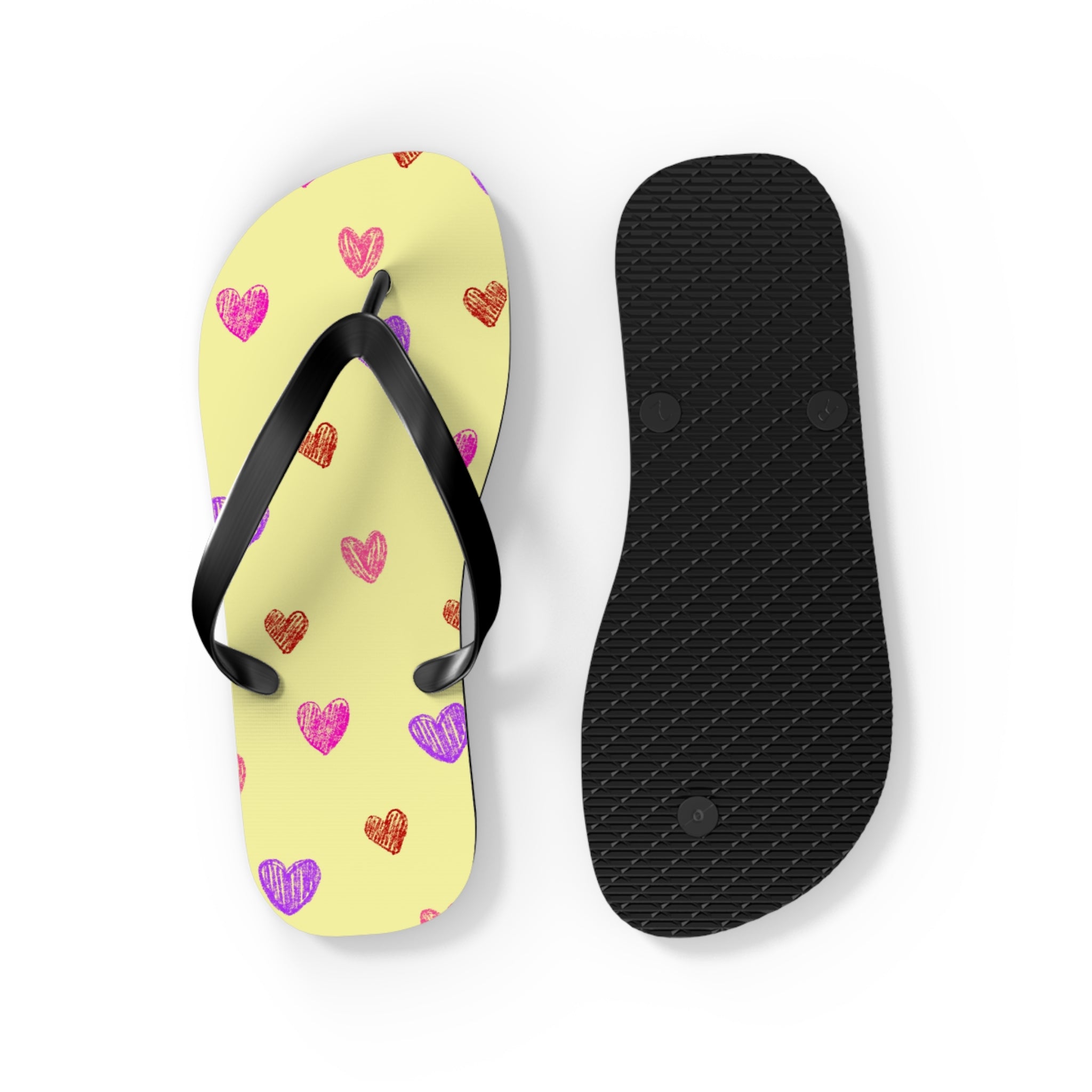 Unisex Light Yellow Colorful Hand Drawn Heart Pattern EVA Polyester Flip Flops