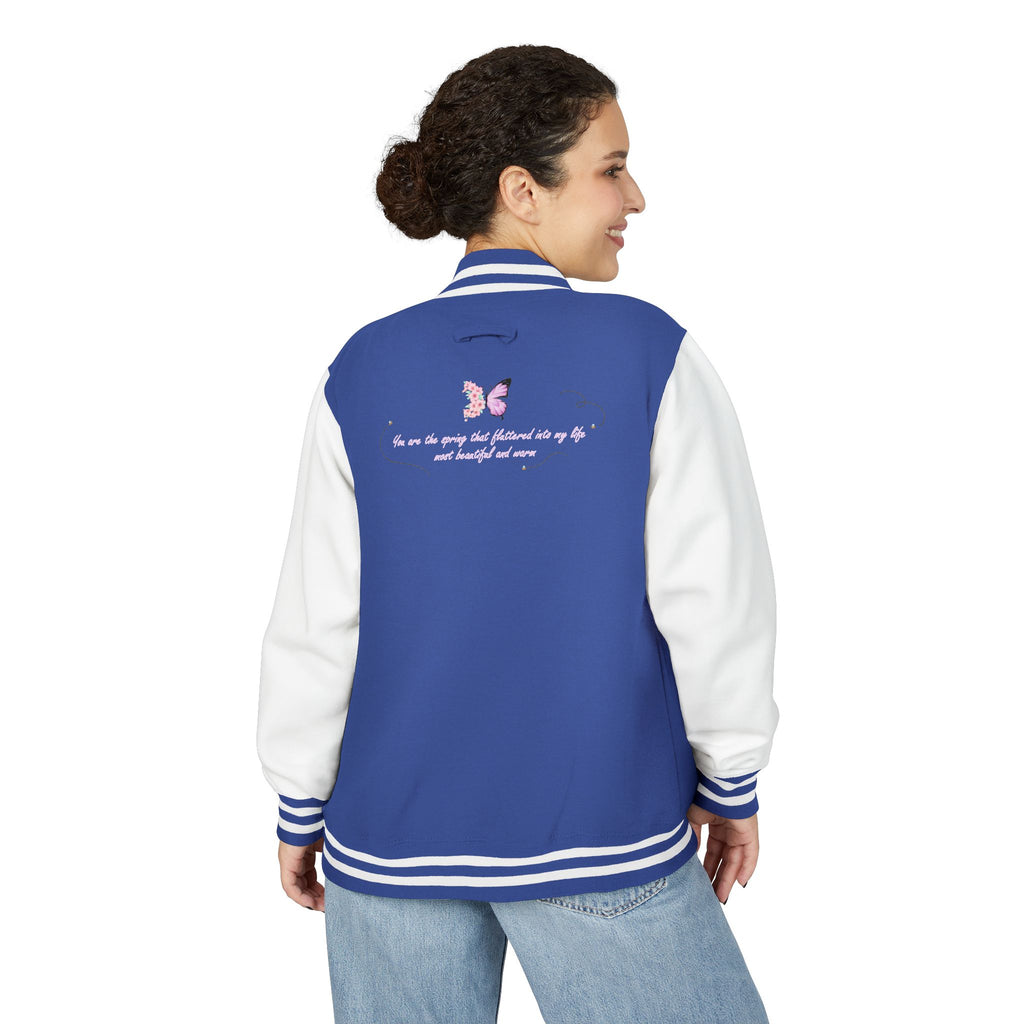 Unisex Navy Blue Floral Butterfly Spring Quote Cotton Blend Letterman Jacket