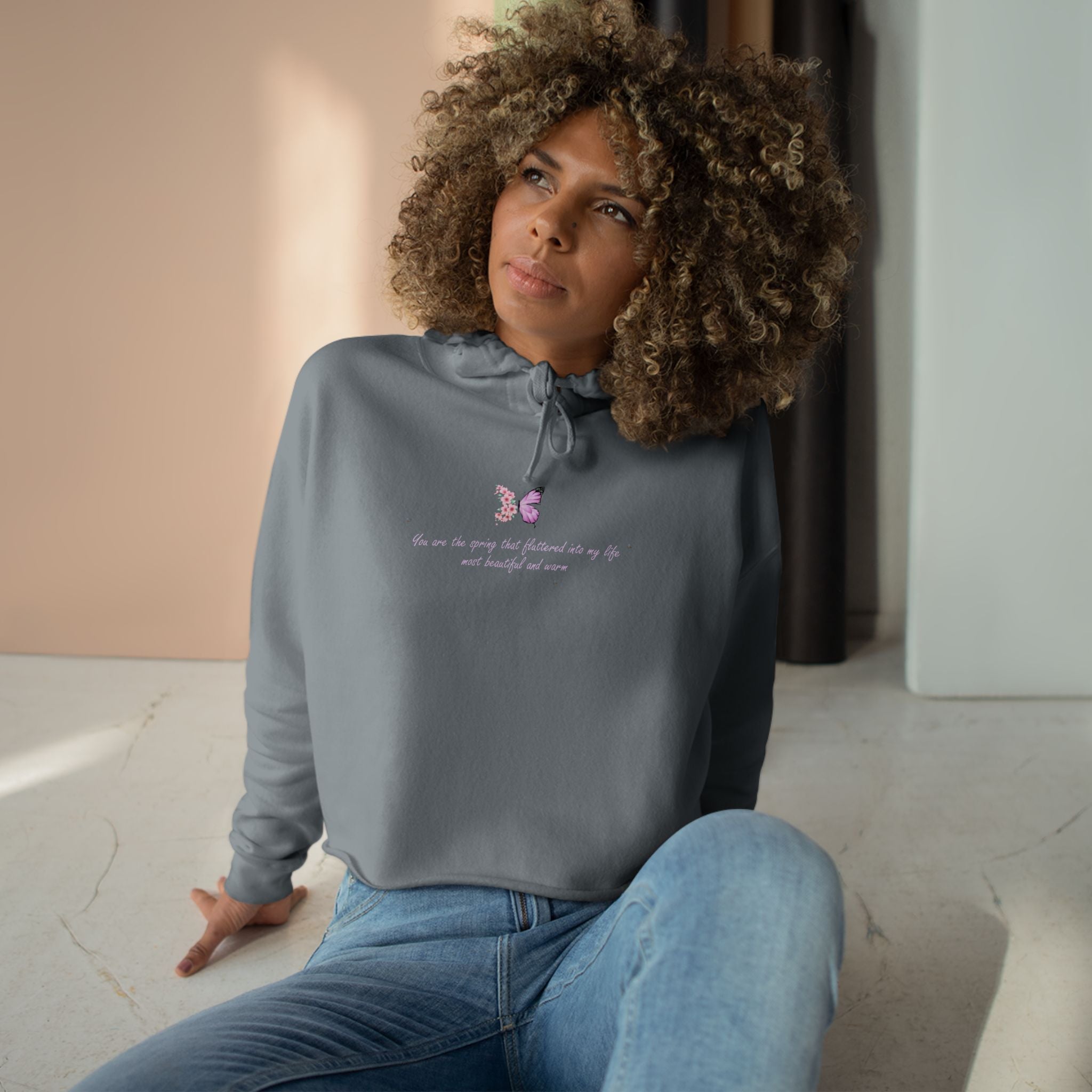 Women's Peach Floral Butterfly Spring Quote Cotton Blend Crop Hoodie