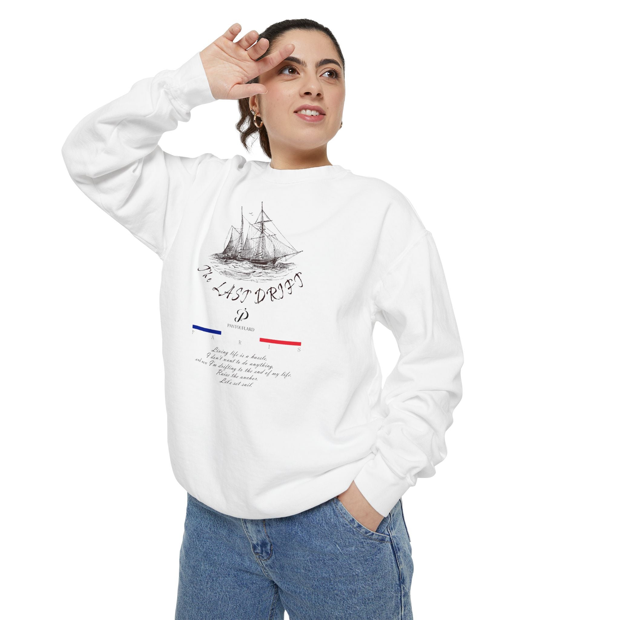 Unisex White Vintage Ship Graphic Cotton Blend Sweatshirt