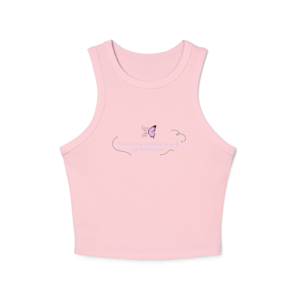 Women's Navy Blue Floral Butterfly Spring Quote Cotton Blend Racer Tank Top