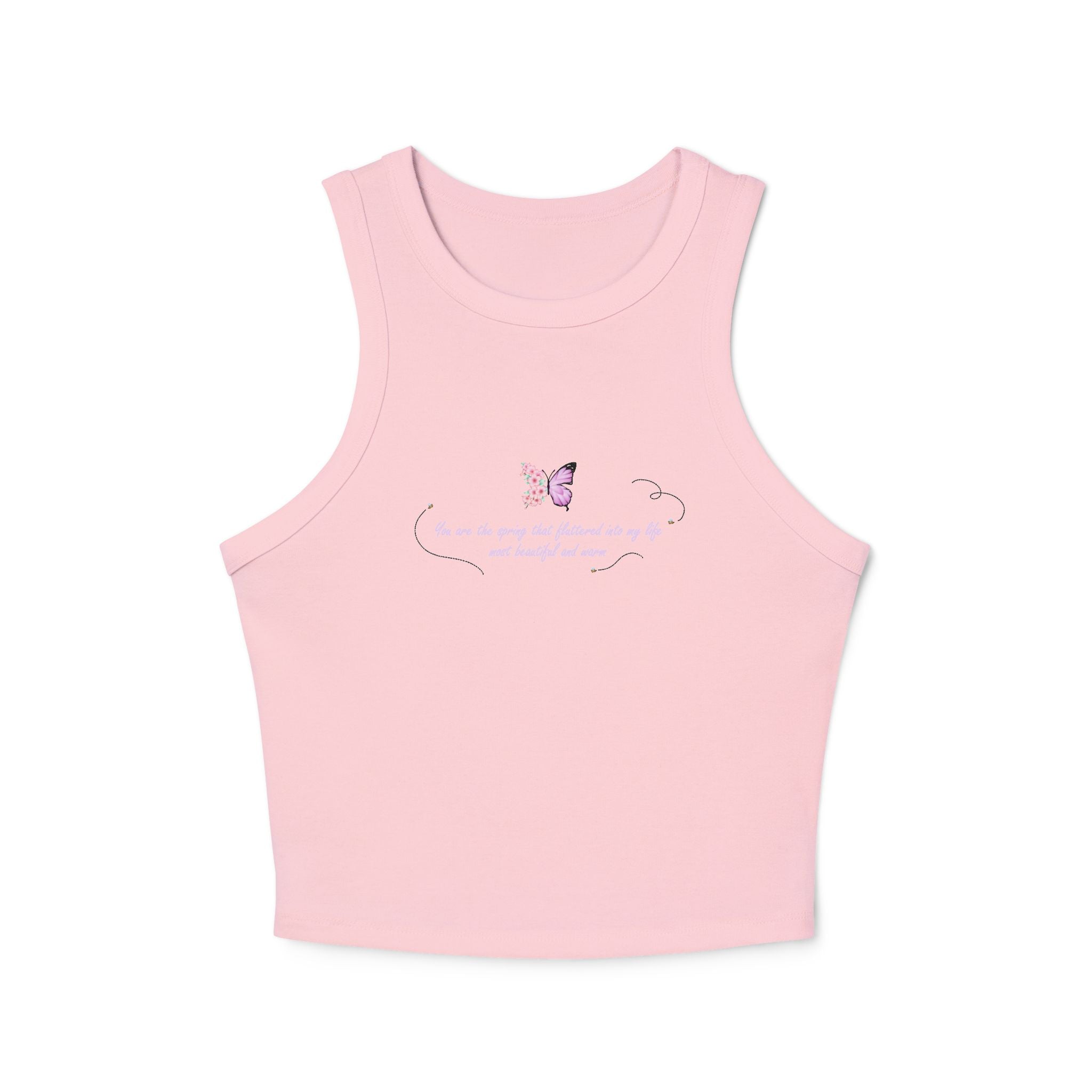 Women's Navy Blue Floral Butterfly Spring Quote Cotton Blend Racer Tank Top