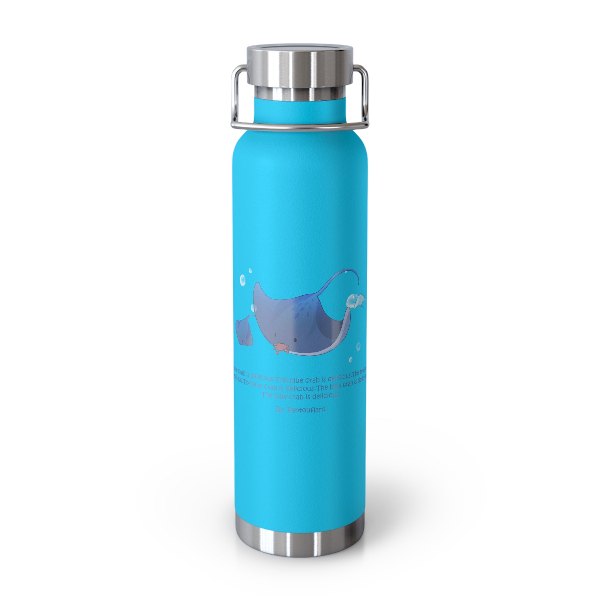 Cyan Blue Cute Stingray Eating Crab Quote 22oz Copper Vacuum Insulated Bottle
