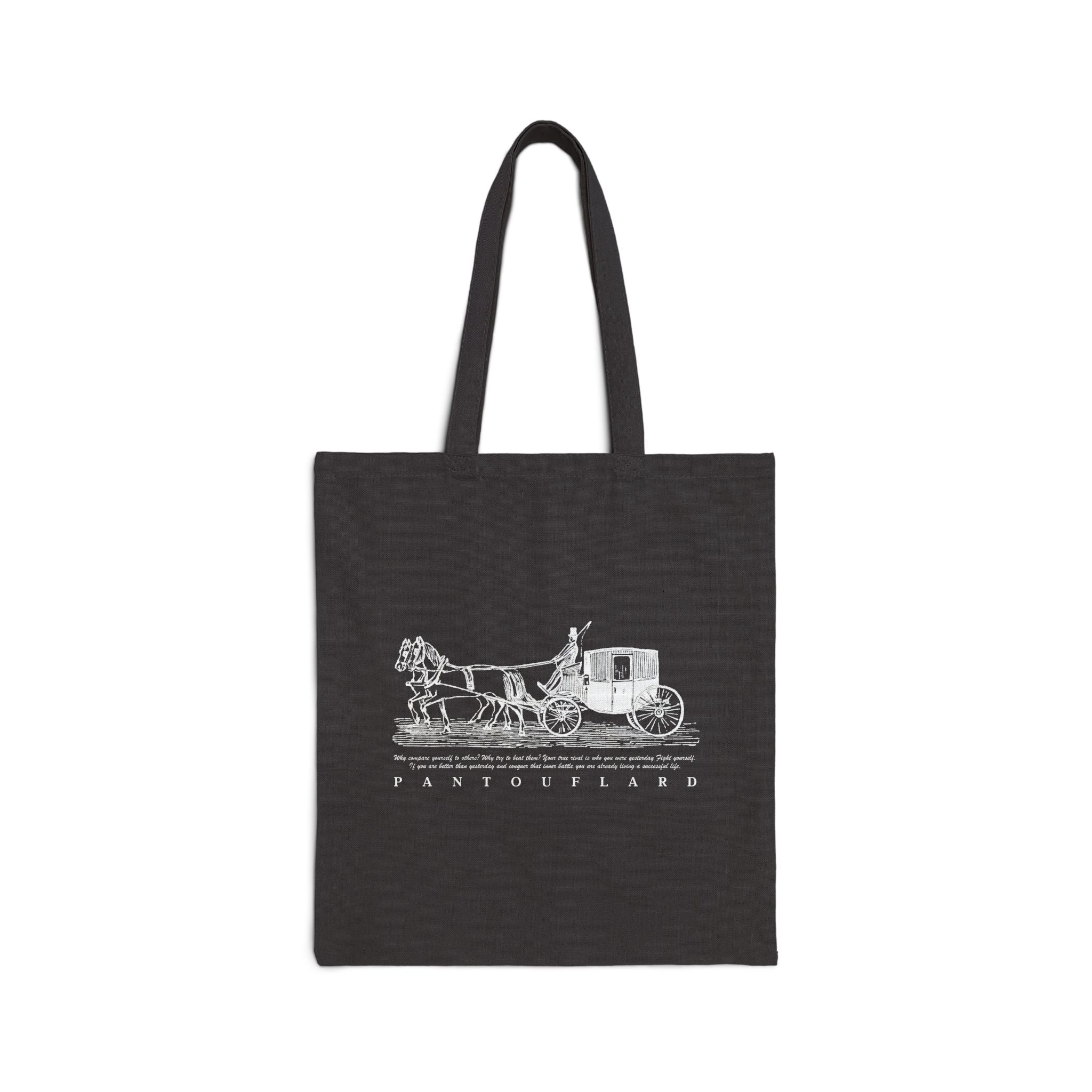 Horse Carriage Print Cotton Canvas Tote Bag Black Color