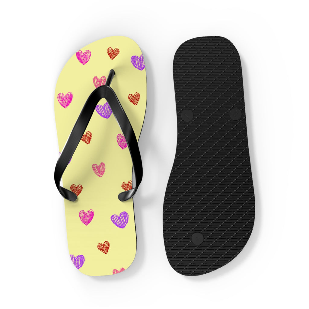 Unisex Light Yellow Colorful Hand Drawn Heart Pattern EVA Polyester Flip Flops