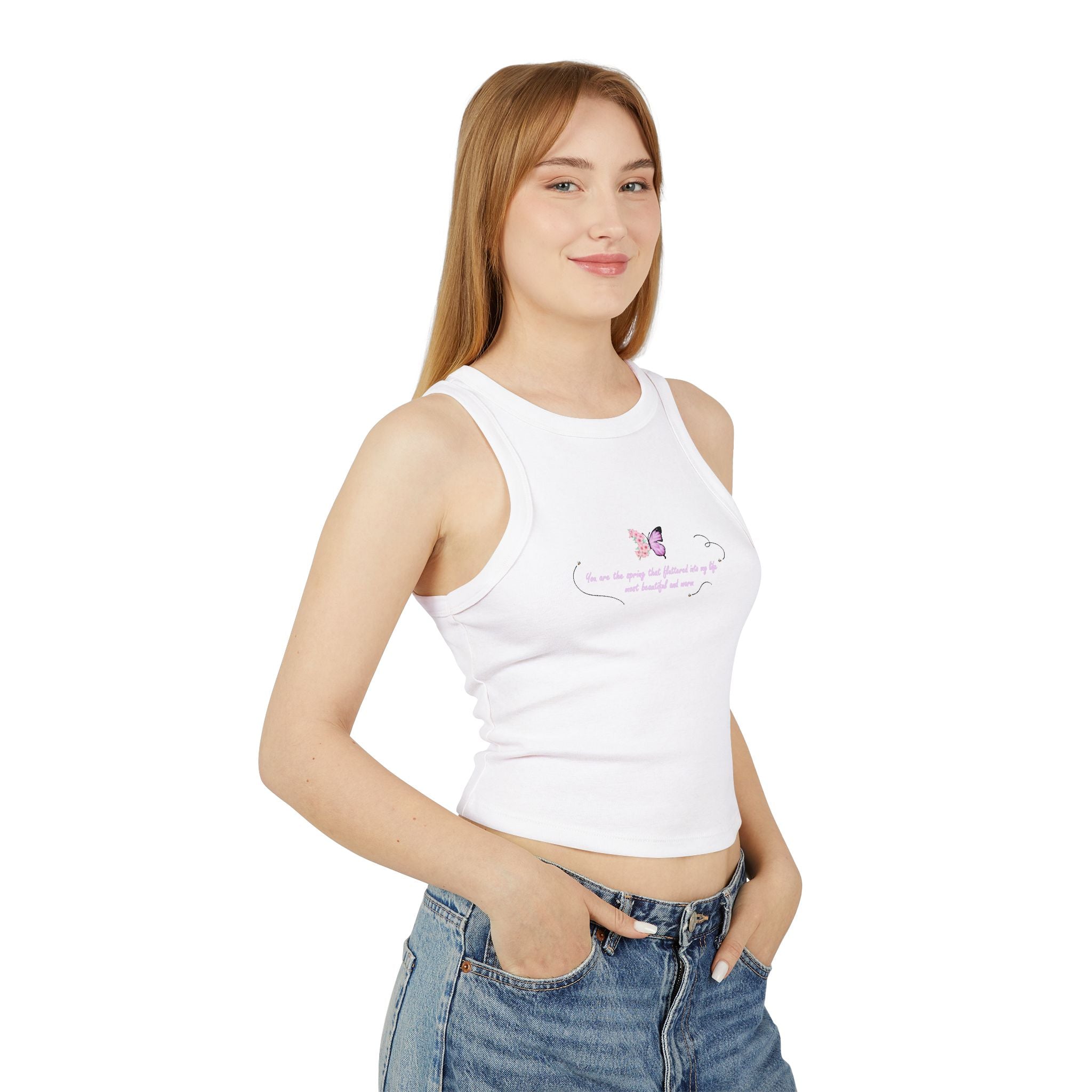 Women's Navy Blue Floral Butterfly Spring Quote Cotton Blend Racer Tank Top