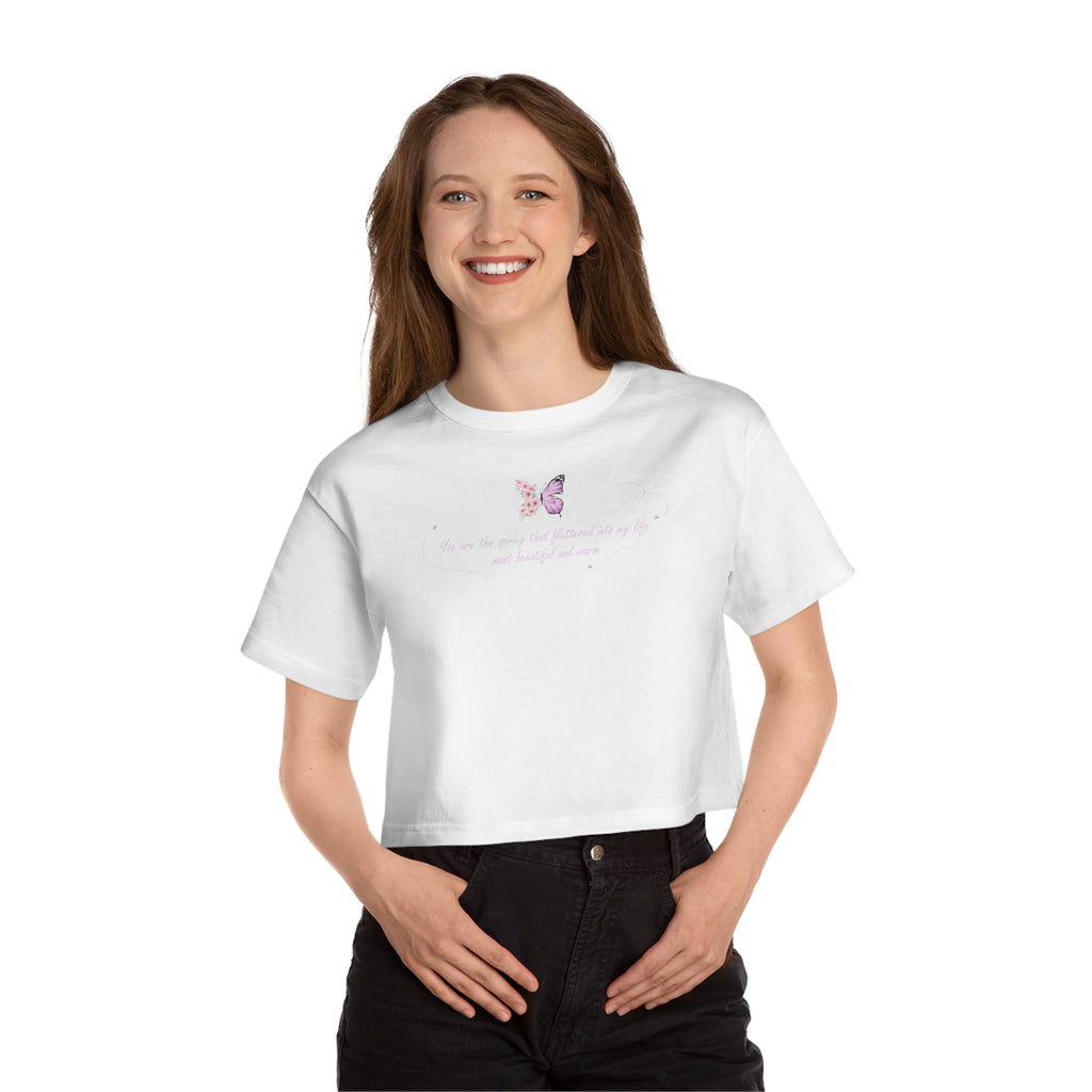 Women's White Floral Butterfly Spring Quote 100% Cotton Champion Cropped T-Shirt