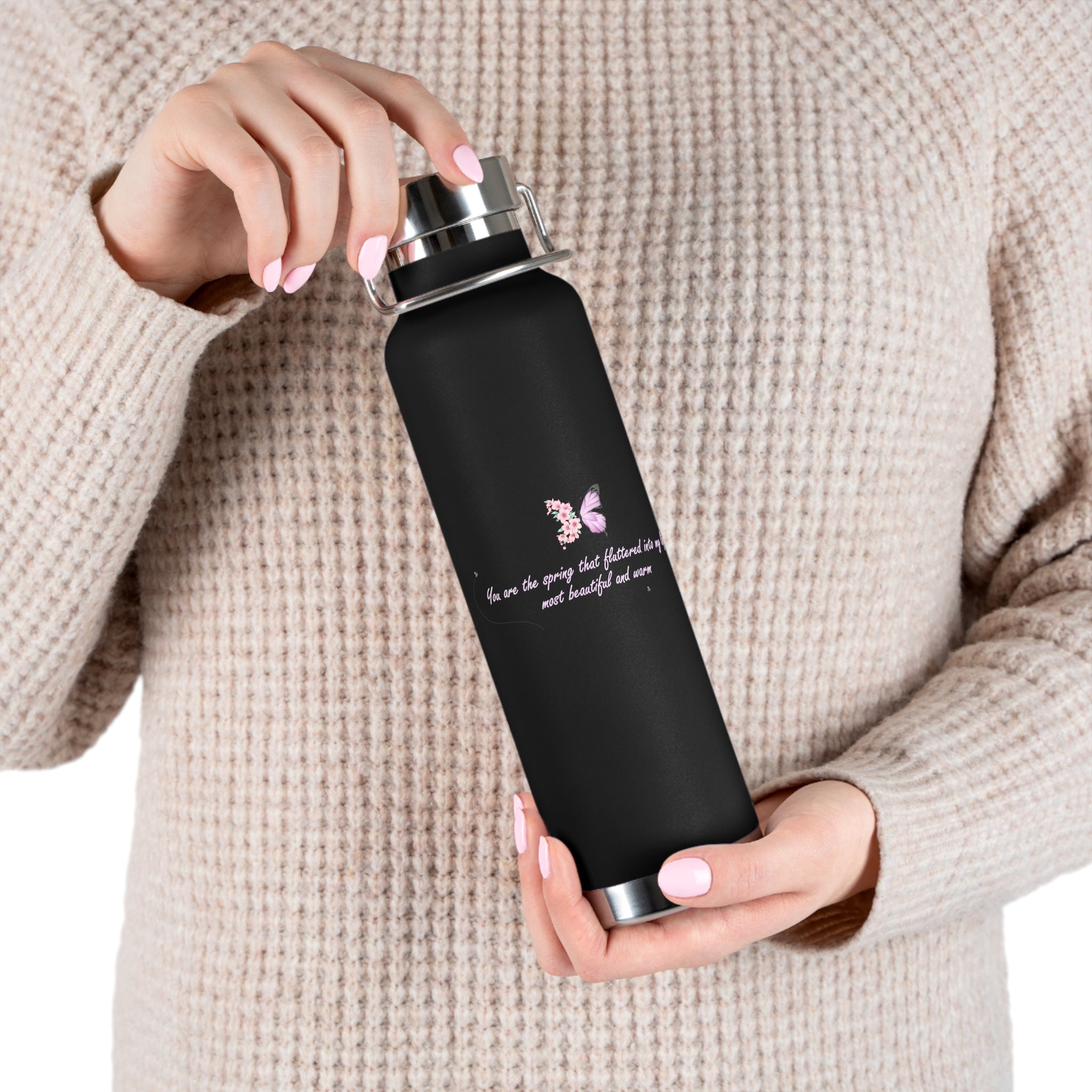 Navy Blue Romantic Floral Butterfly Quote 22oz Copper Vacuum Insulated Bottle