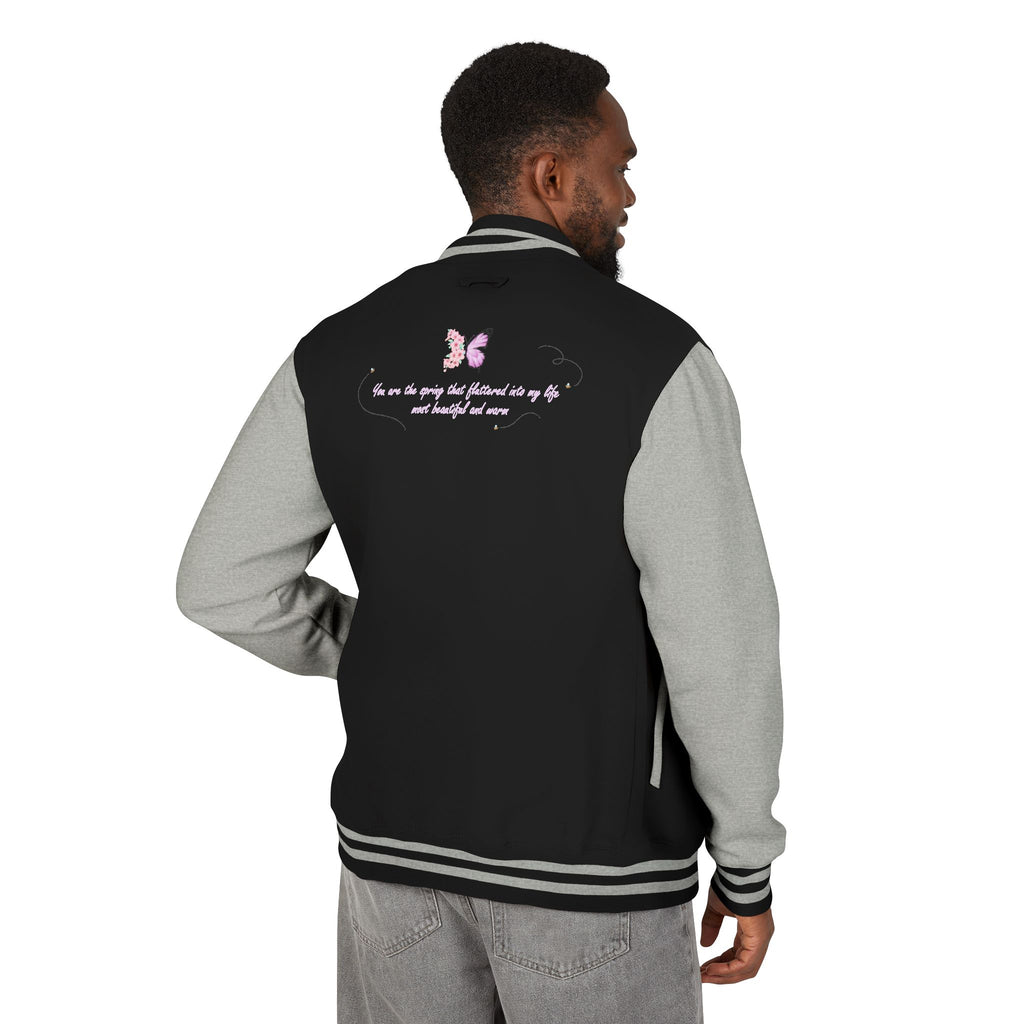 Unisex Navy Blue Floral Butterfly Spring Quote Cotton Blend Letterman Jacket
