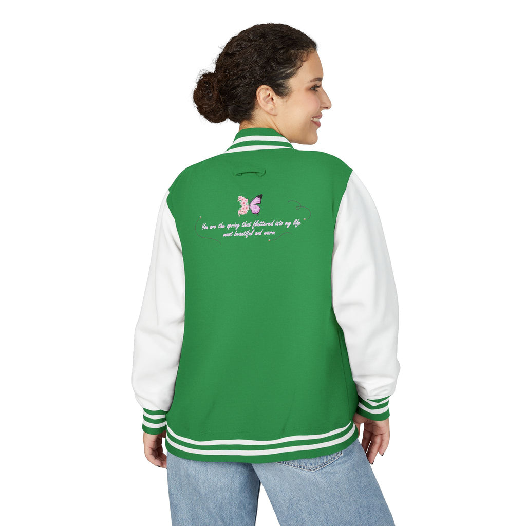 Unisex Navy Blue Floral Butterfly Spring Quote Cotton Blend Letterman Jacket