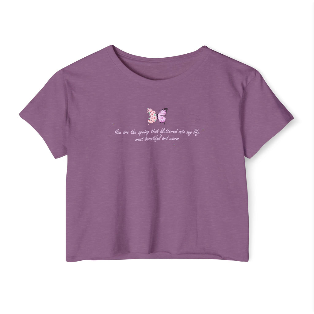Women's Purple Floral Butterfly Spring Quote Cotton Blend Crop Top
