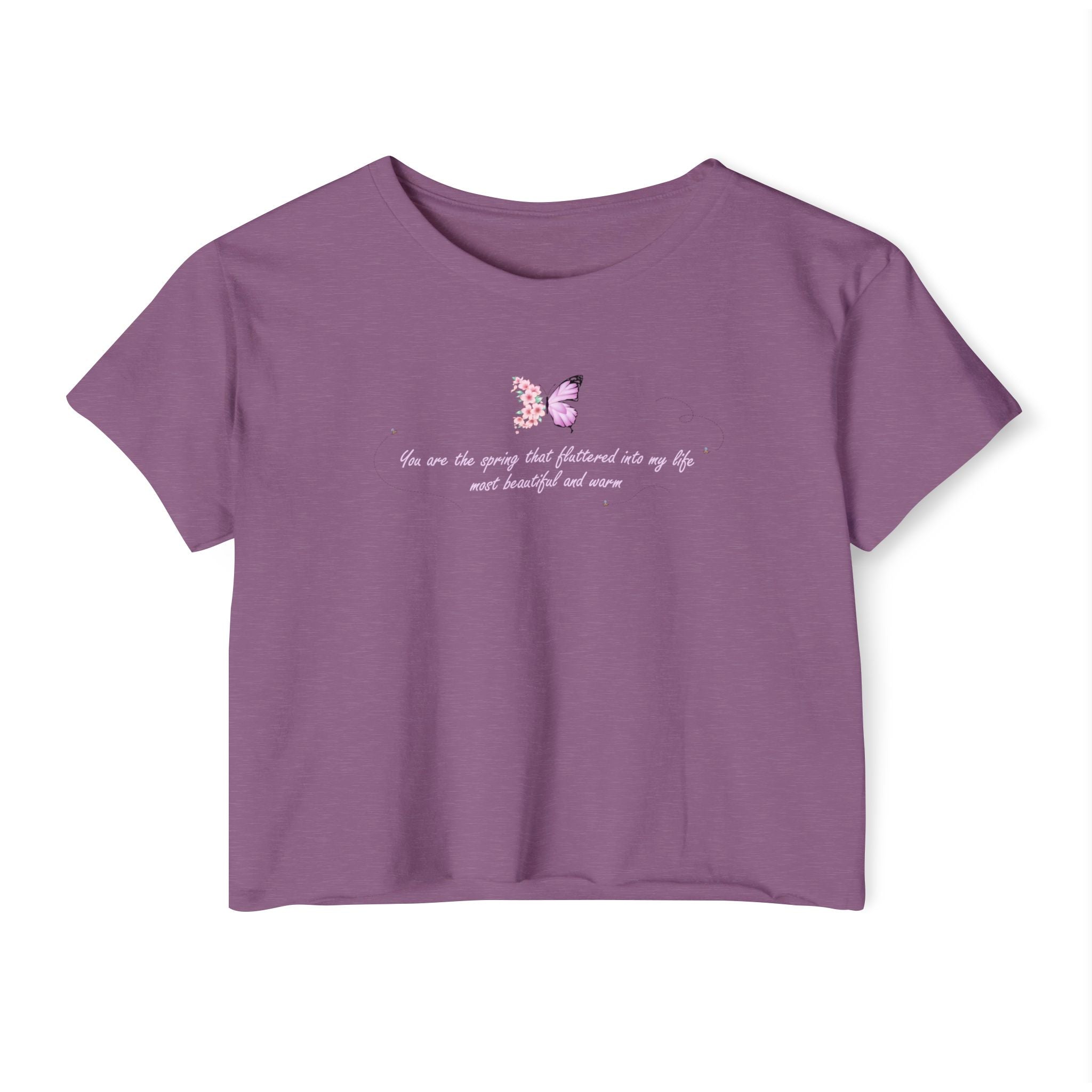 Women's Purple Floral Butterfly Spring Quote Cotton Blend Crop Top