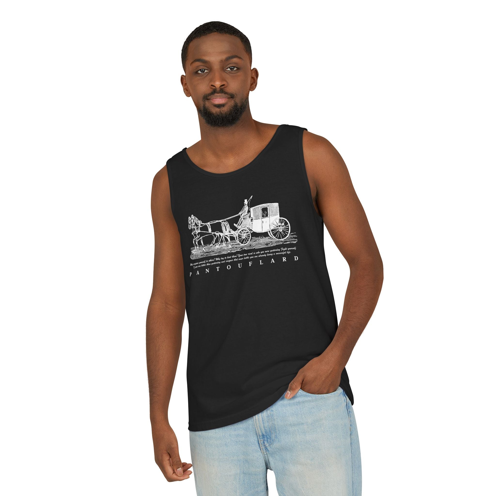 Unisex Black Pantouflard Carriage Cotton Garment-Dyed Tank Top