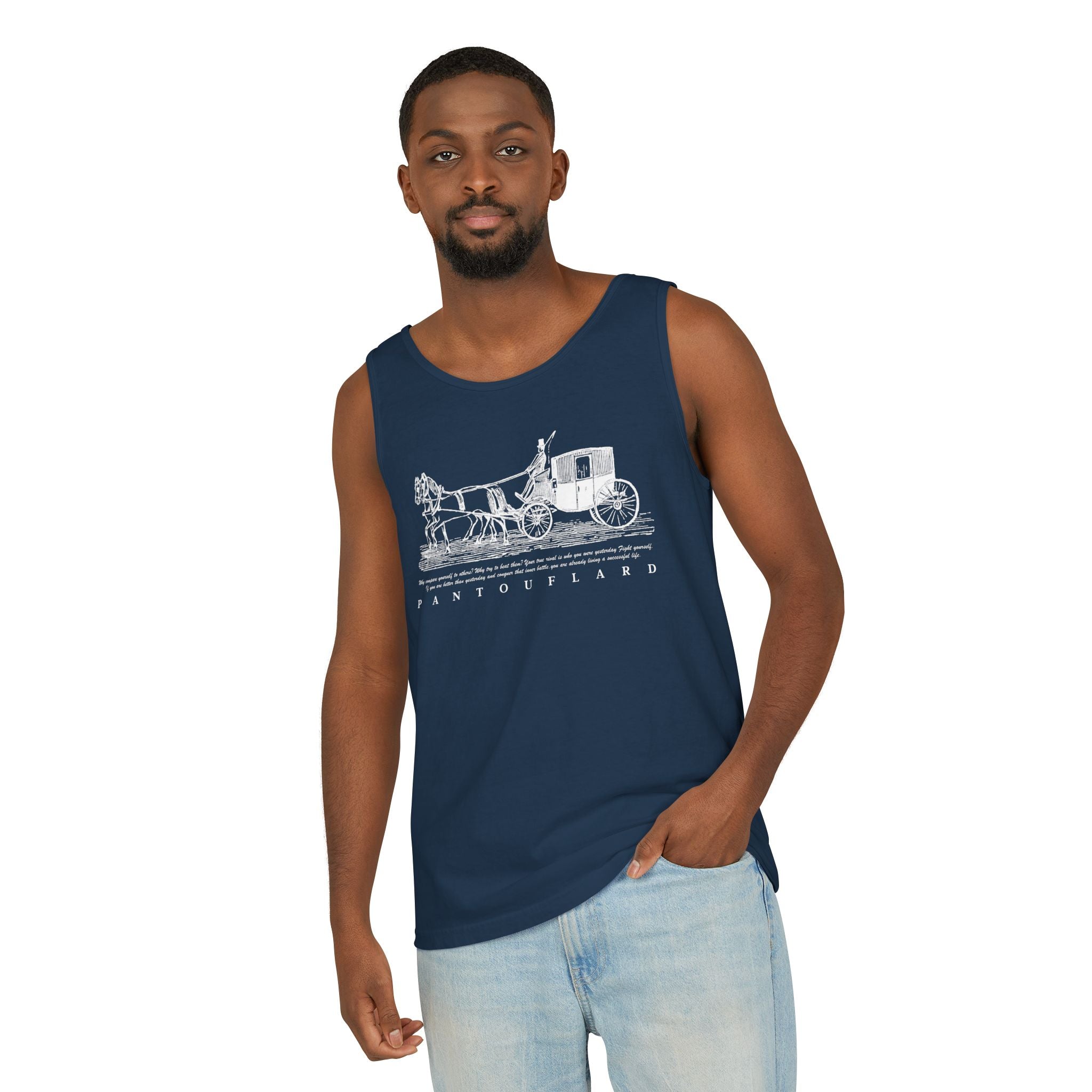 Unisex Black Pantouflard Carriage Cotton Garment-Dyed Tank Top
