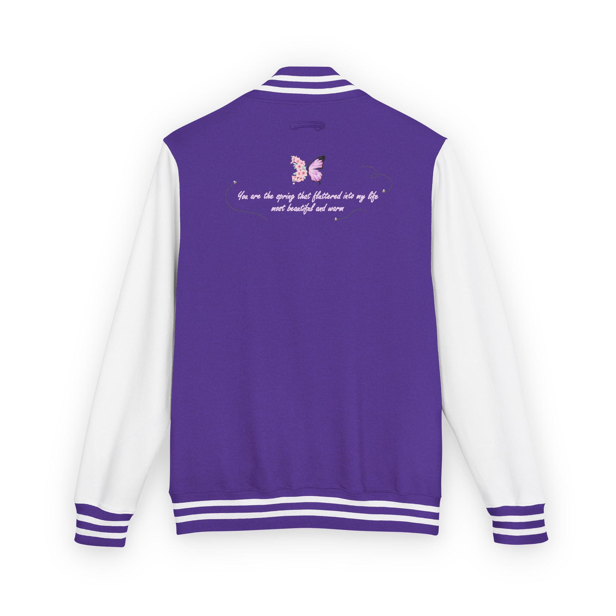 Unisex Navy Blue Floral Butterfly Spring Quote Cotton Blend Letterman Jacket
