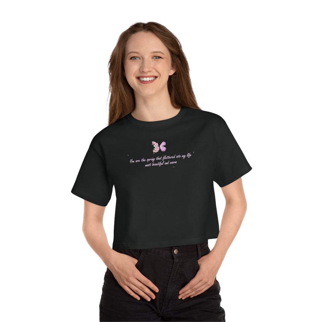 Women's White Floral Butterfly Spring Quote 100% Cotton Champion Cropped T-Shirt