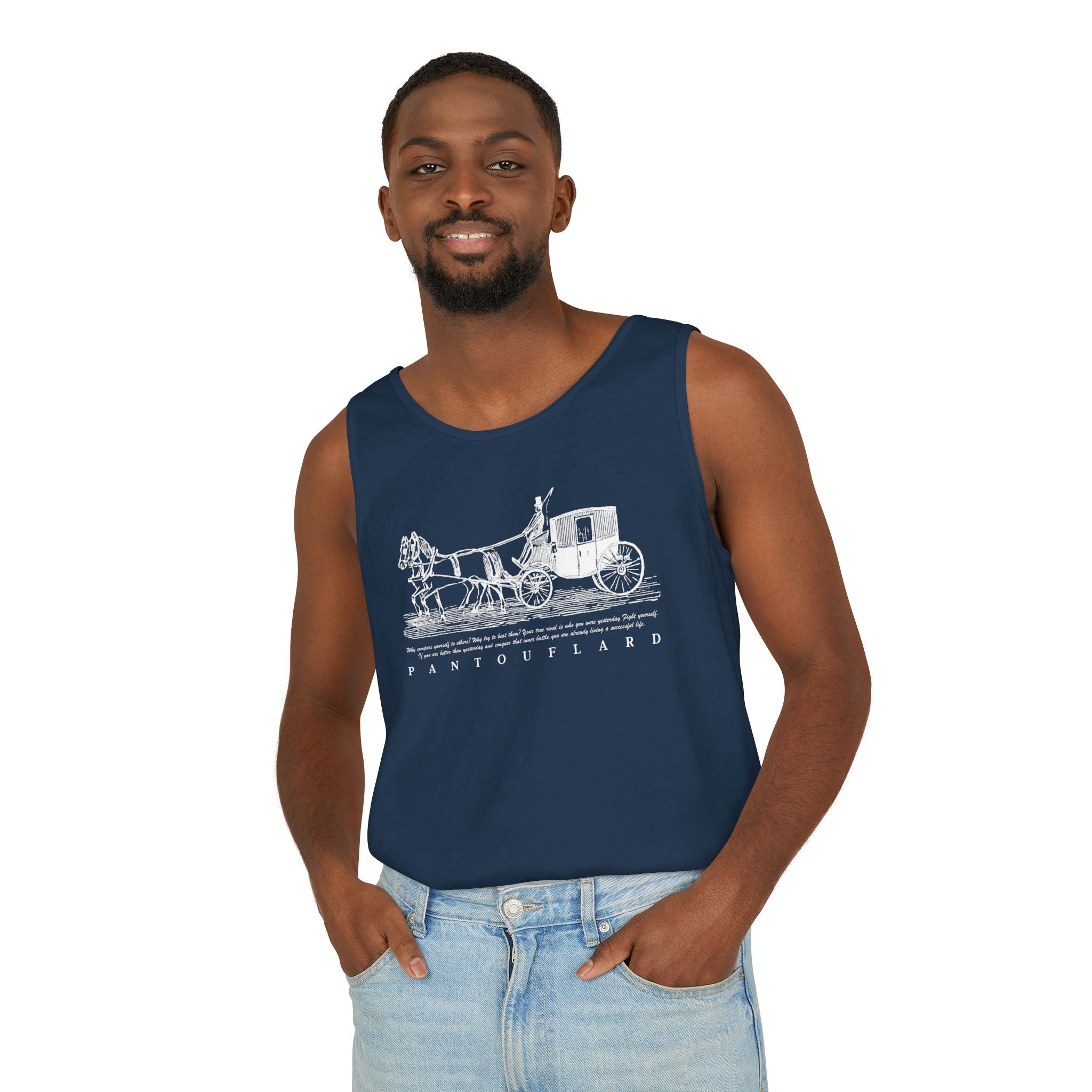 Unisex Black Pantouflard Carriage Cotton Garment-Dyed Tank Top