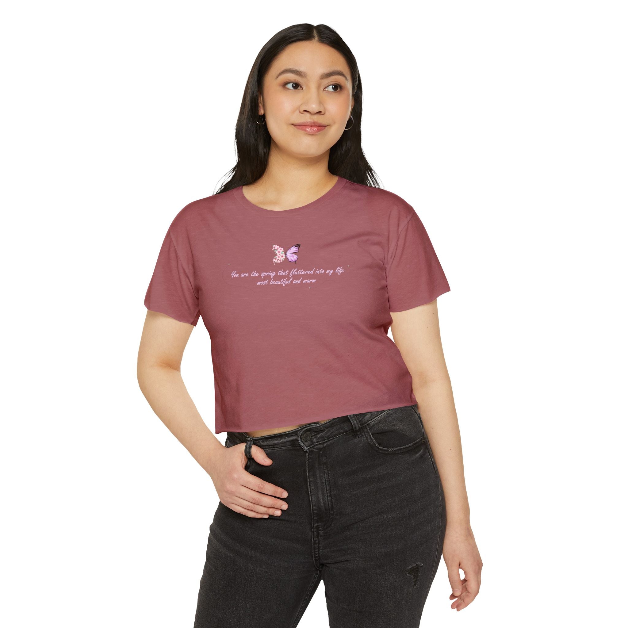Women's Purple Floral Butterfly Spring Quote Cotton Blend Crop Top