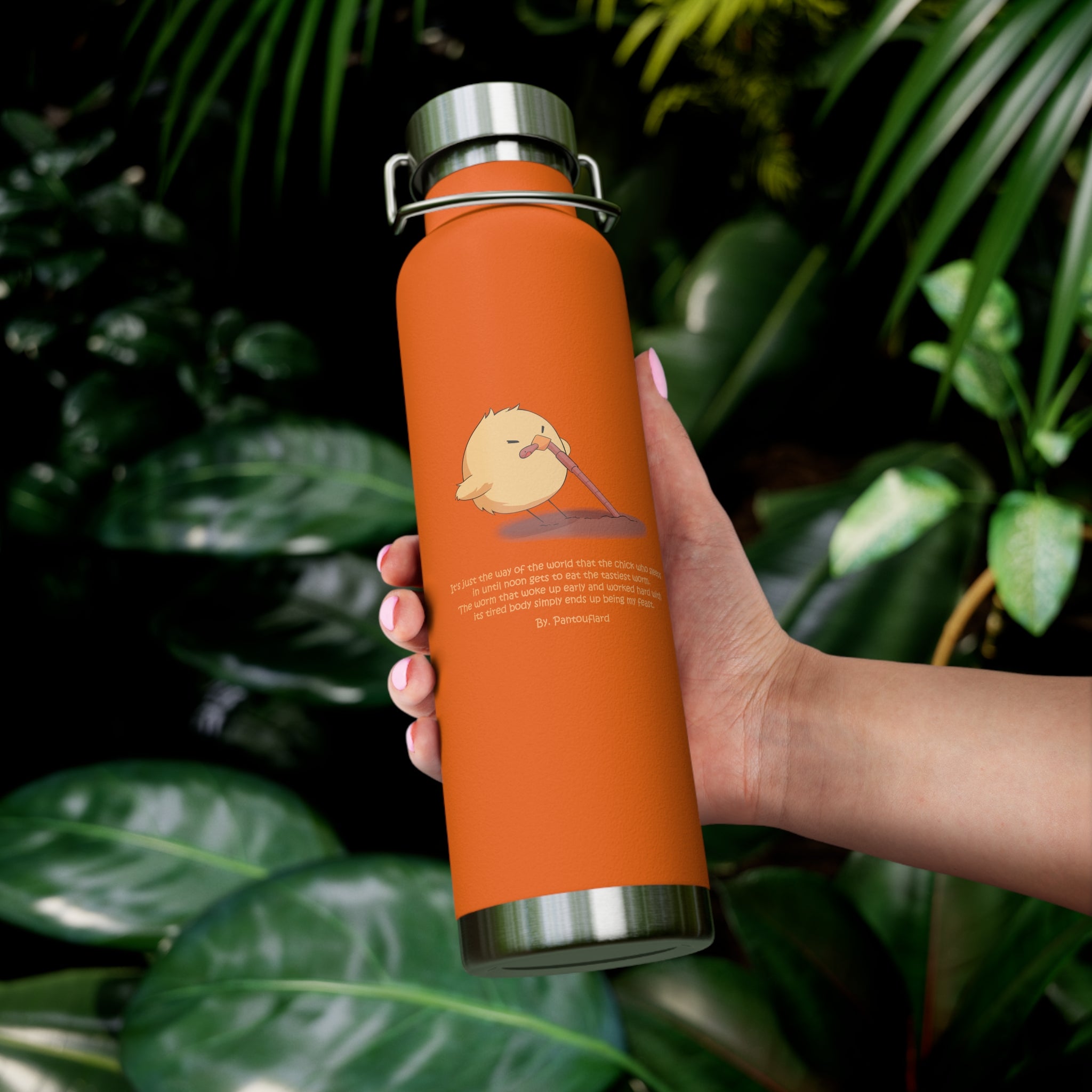 Navy Blue Cute Chick Pulling Worm Quote 22oz Copper Vacuum Insulated Bottle