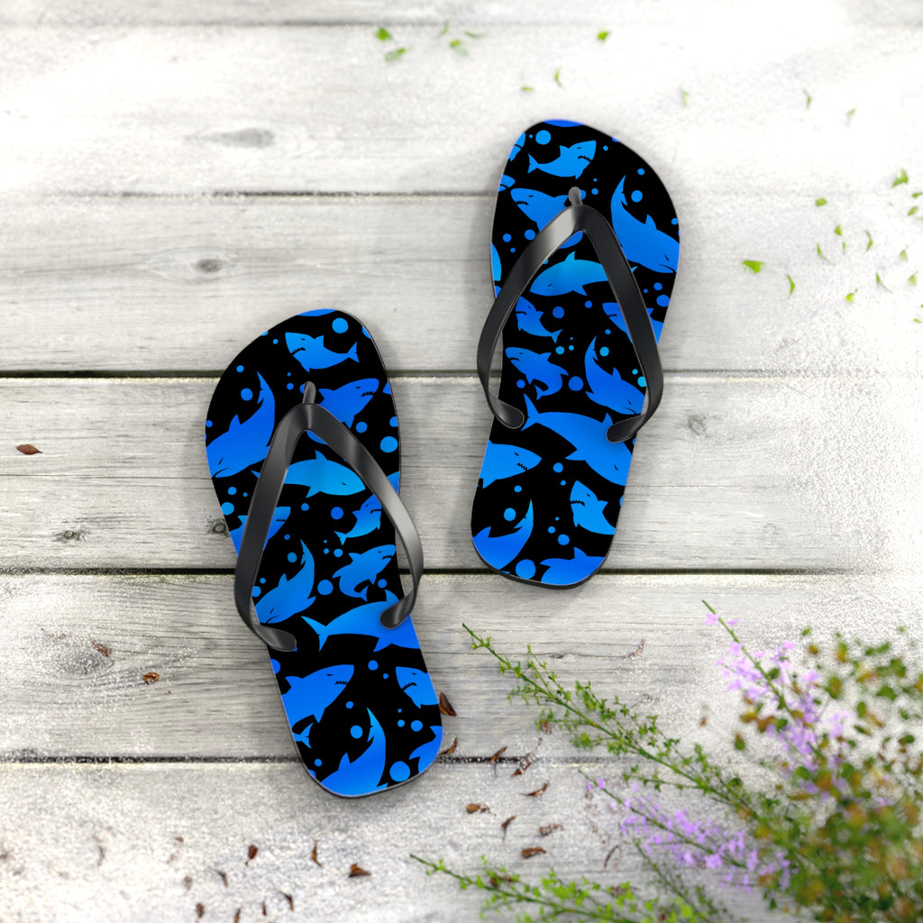 Men's/Women's Blue and Black Shark Print Flip Flops - Graphic Thong Sandals