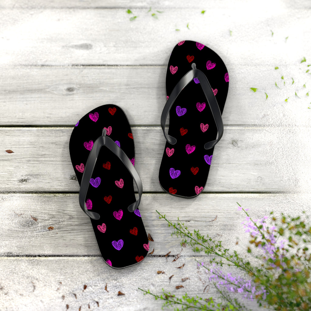 Unisex Black Colorful Hand Drawn Heart Pattern EVA Polyester Flip Flops
