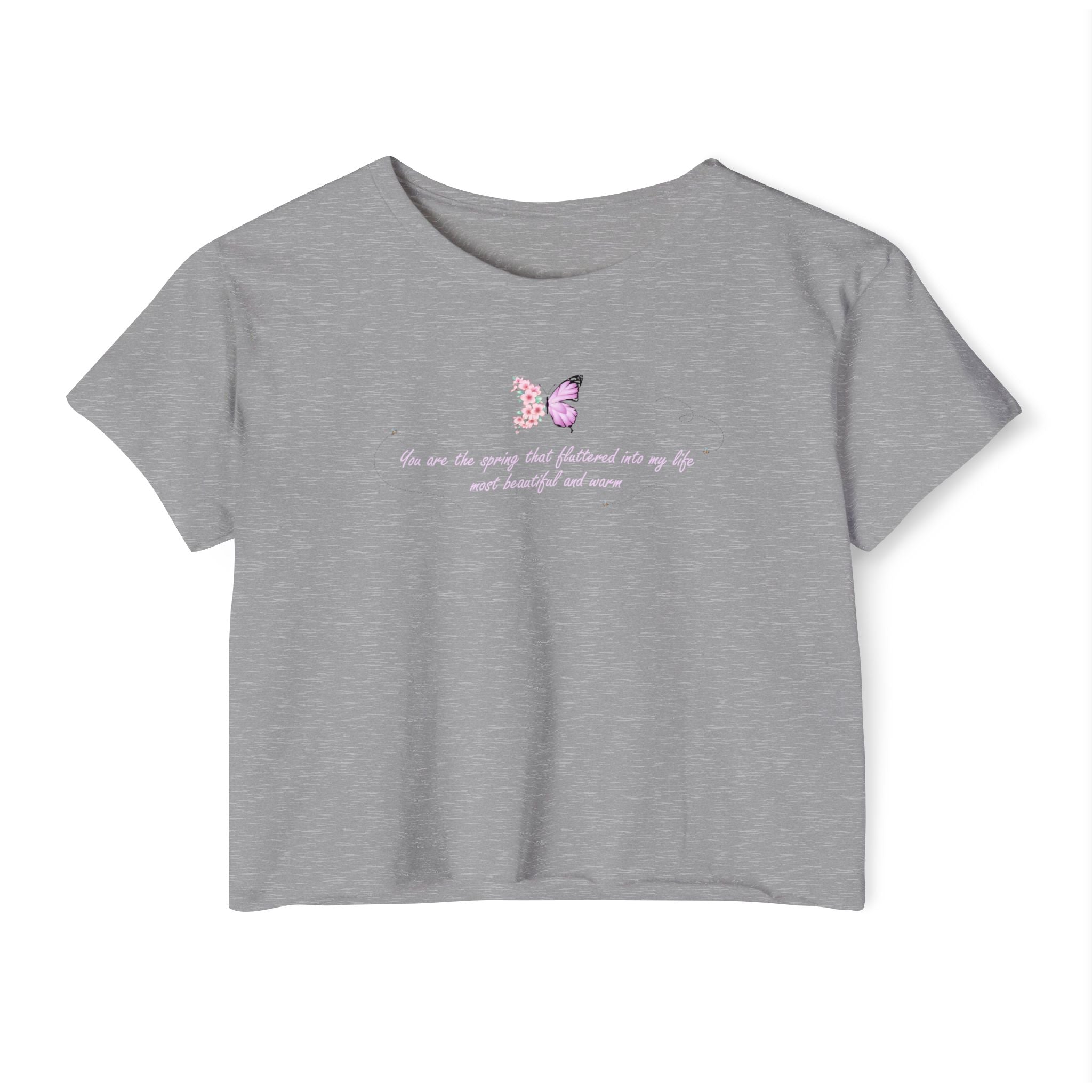 Women's Purple Floral Butterfly Spring Quote Cotton Blend Crop Top