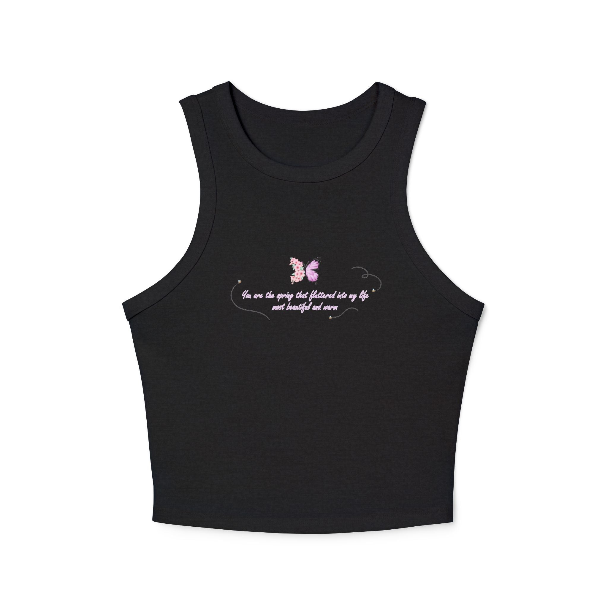 Women's Navy Blue Floral Butterfly Spring Quote Cotton Blend Racer Tank Top