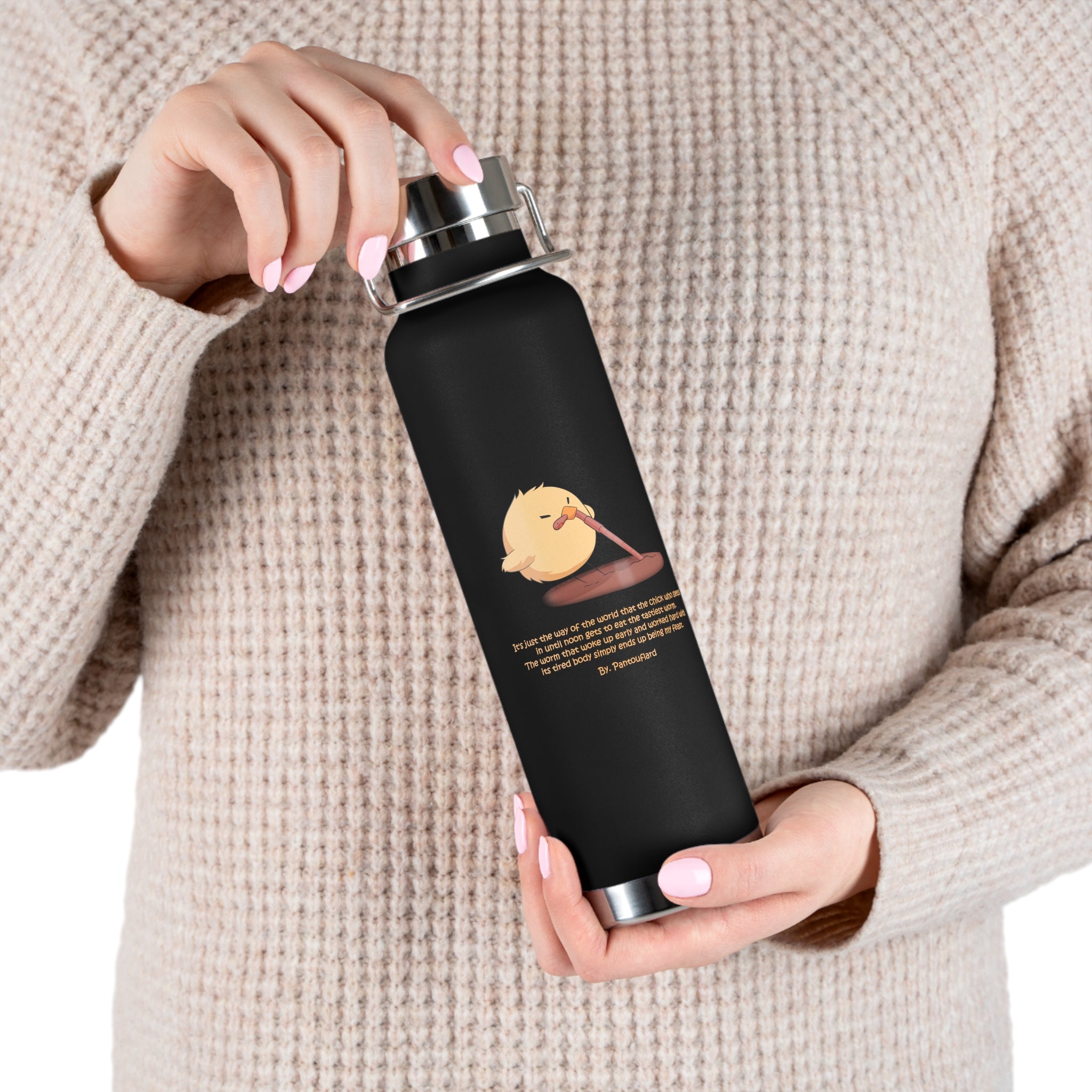 Navy Blue Cute Chick Pulling Worm Quote 22oz Copper Vacuum Insulated Bottle