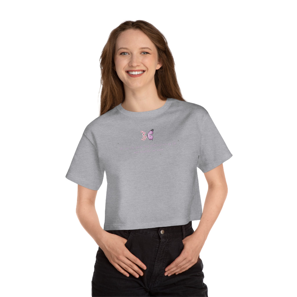 Women's White Floral Butterfly Spring Quote 100% Cotton Champion Cropped T-Shirt