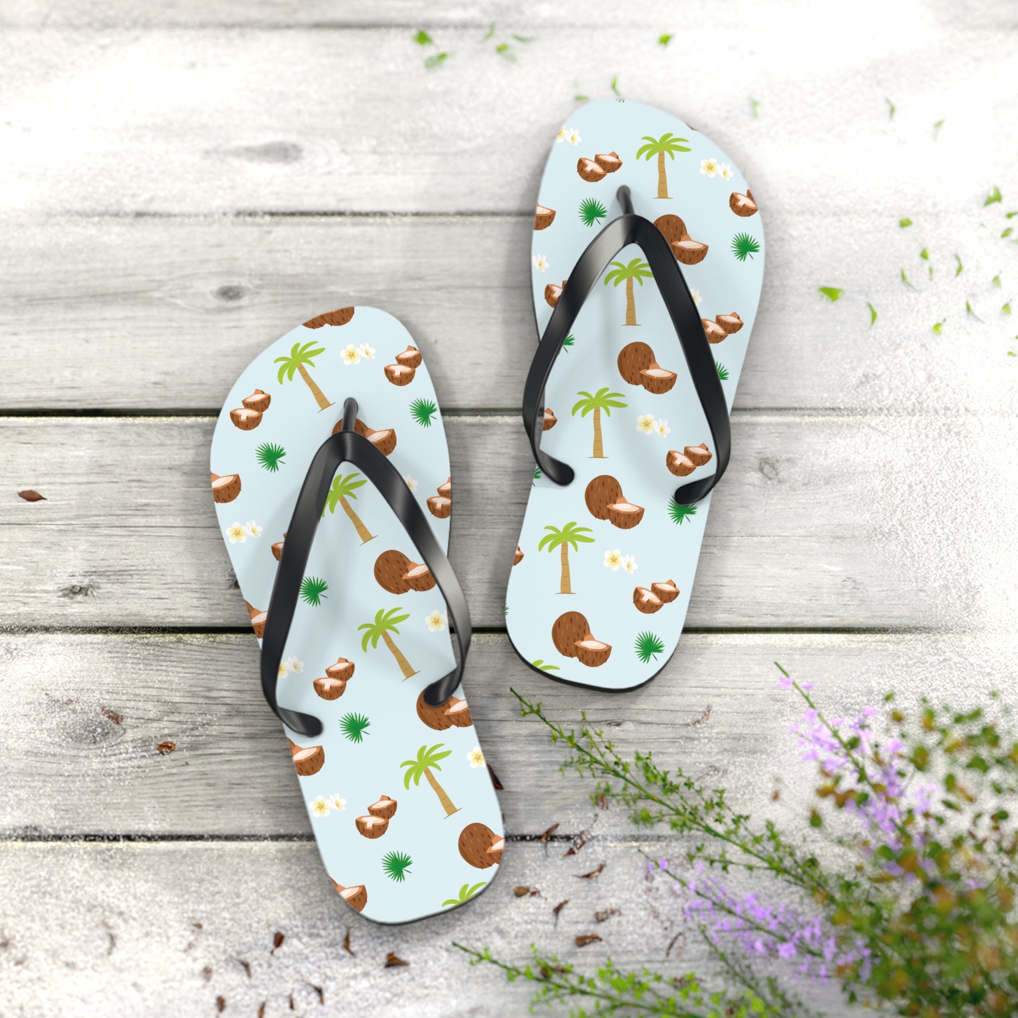 Unisex Light Blue Coconut Palm Tree Tropical Pattern EVA Polyester Flip Flops