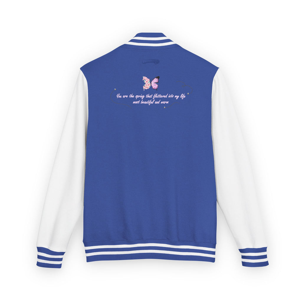 Unisex Navy Blue Floral Butterfly Spring Quote Cotton Blend Letterman Jacket