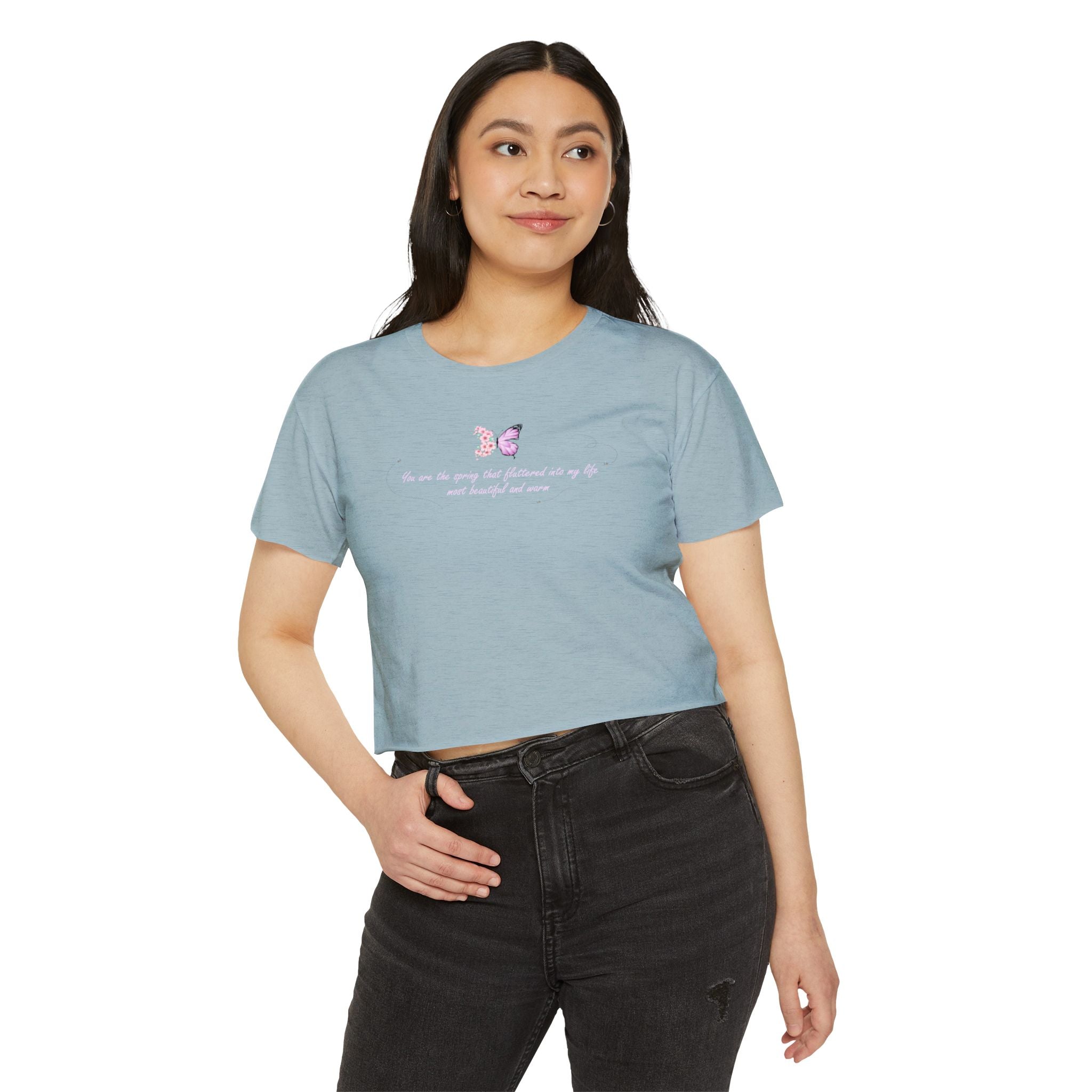 Women's Purple Floral Butterfly Spring Quote Cotton Blend Crop Top