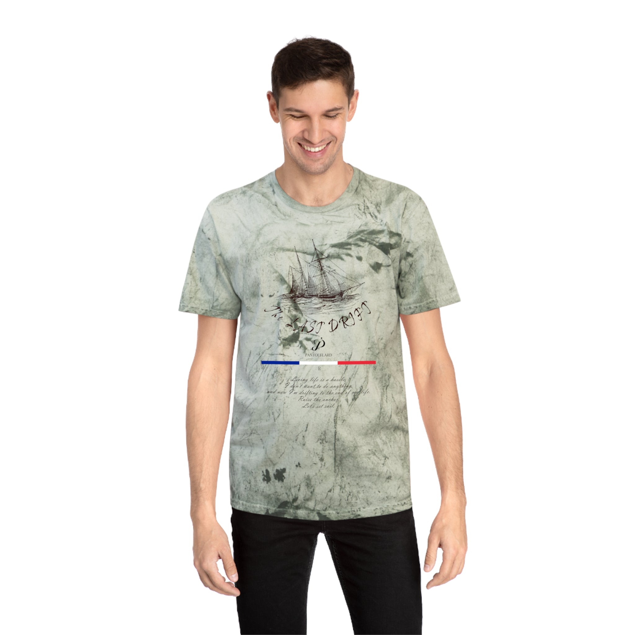 Unisex Grey Color Blast Vintage Ship Graphic 100% Cotton T-Shirt