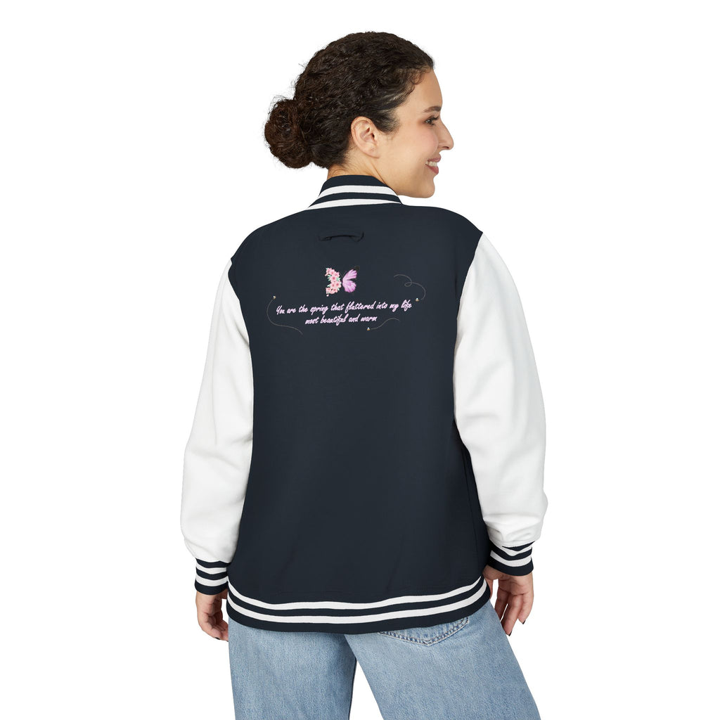 Unisex Navy Blue Floral Butterfly Spring Quote Cotton Blend Letterman Jacket
