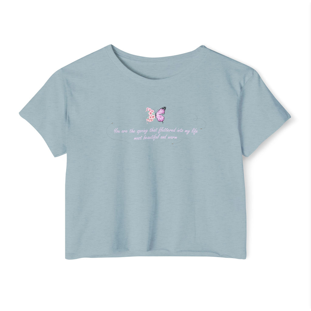 Women's Purple Floral Butterfly Spring Quote Cotton Blend Crop Top