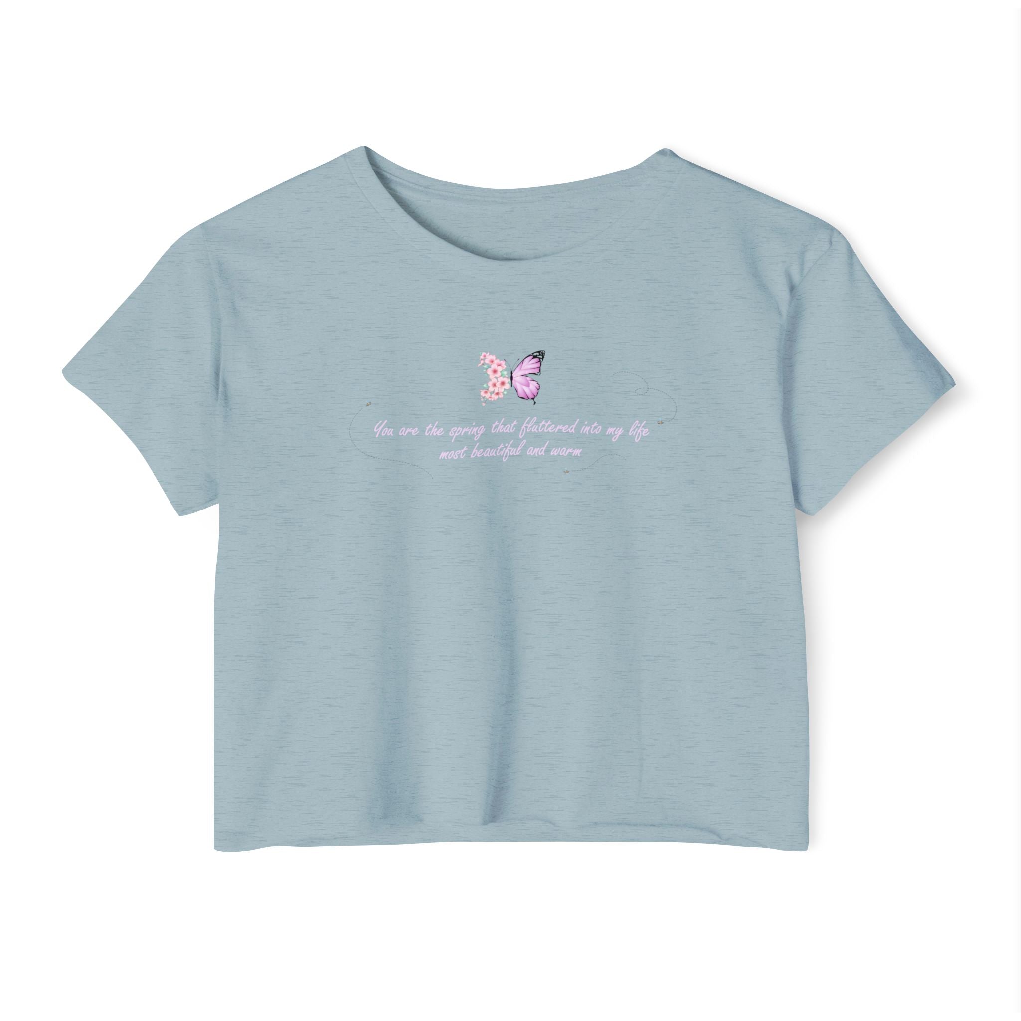 Women's Purple Floral Butterfly Spring Quote Cotton Blend Crop Top
