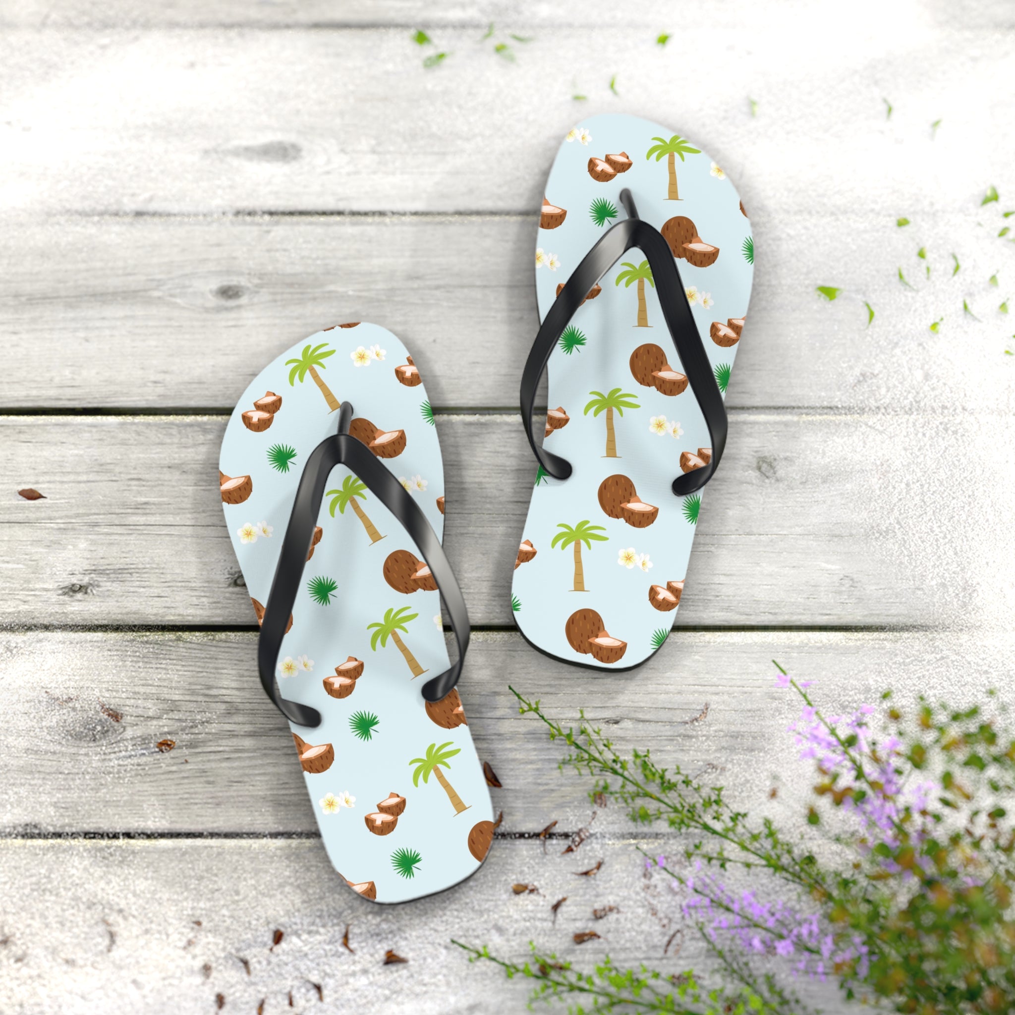 Unisex Light Blue Coconut Palm Tree Tropical Pattern EVA Polyester Flip Flops
