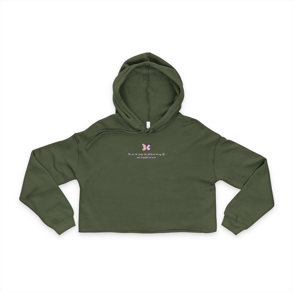 Women's Black Floral Butterfly Spring Quote Cotton Blend Crop Hoodie