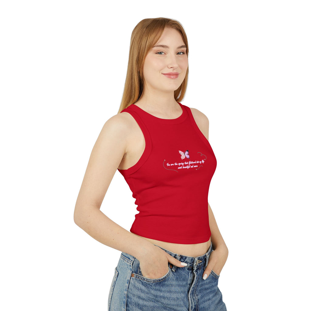 Women's Navy Blue Floral Butterfly Spring Quote Cotton Blend Racer Tank Top