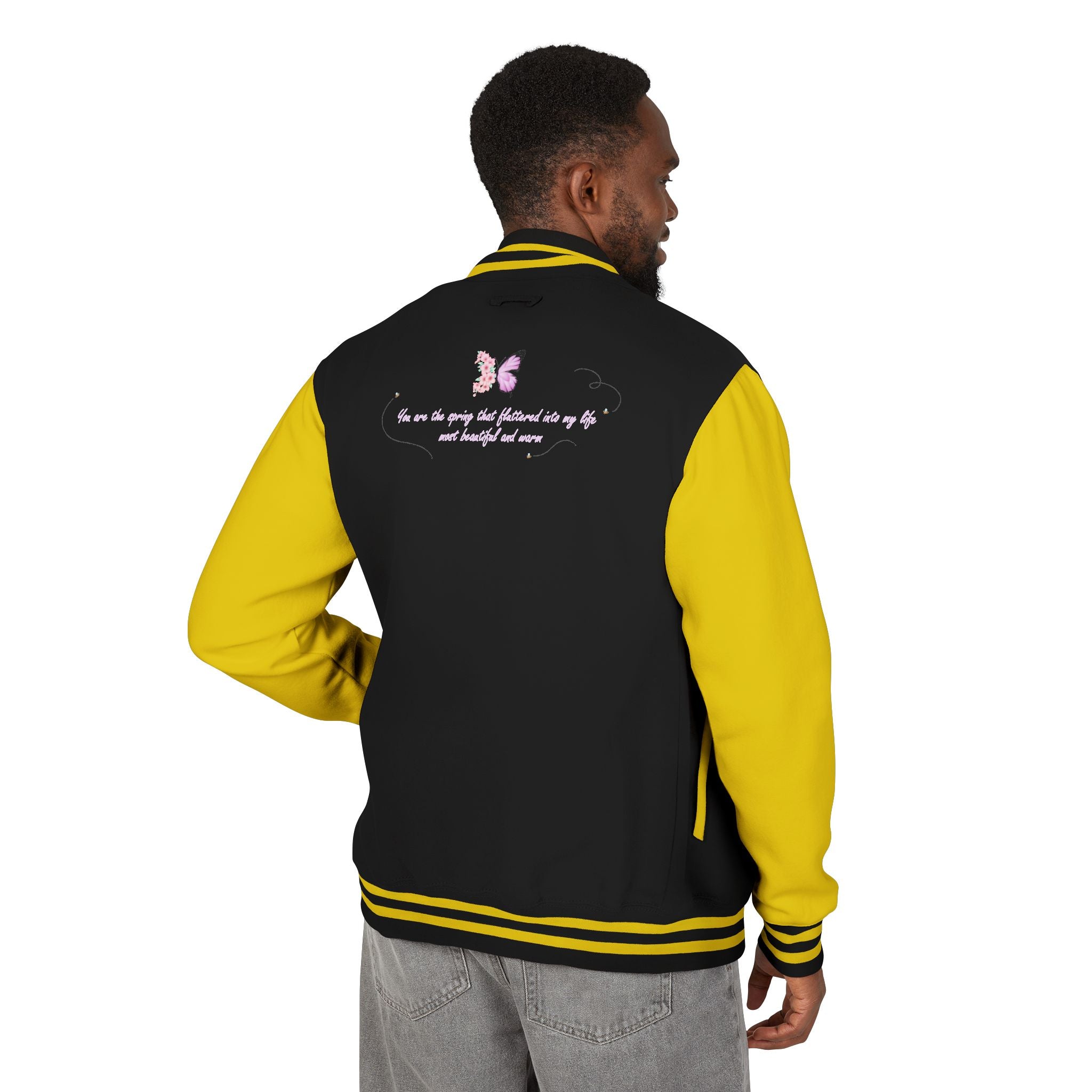 Unisex Navy Blue Floral Butterfly Spring Quote Cotton Blend Letterman Jacket