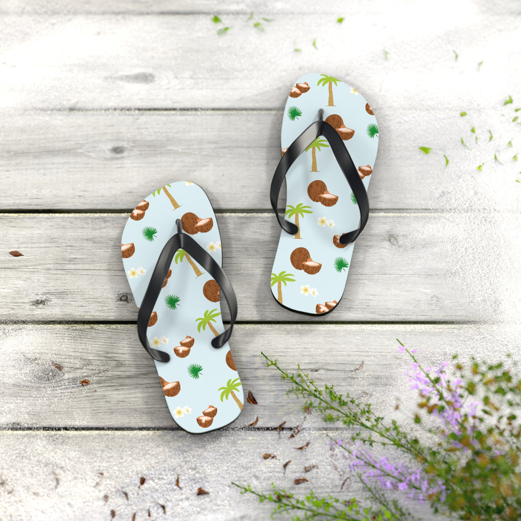 Unisex Light Blue Coconut Palm Tree Tropical Pattern EVA Polyester Flip Flops