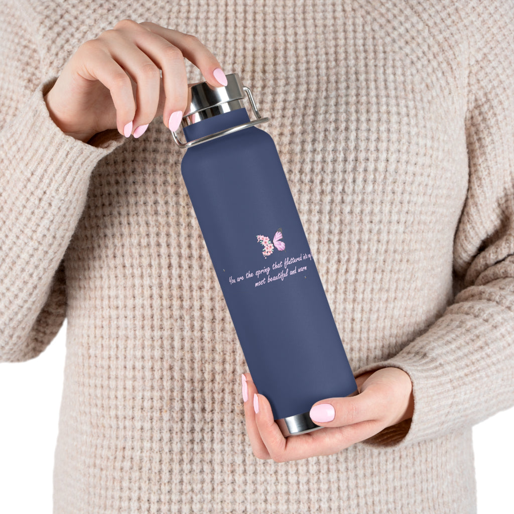 Navy Blue Romantic Floral Butterfly Quote 22oz Copper Vacuum Insulated Bottle