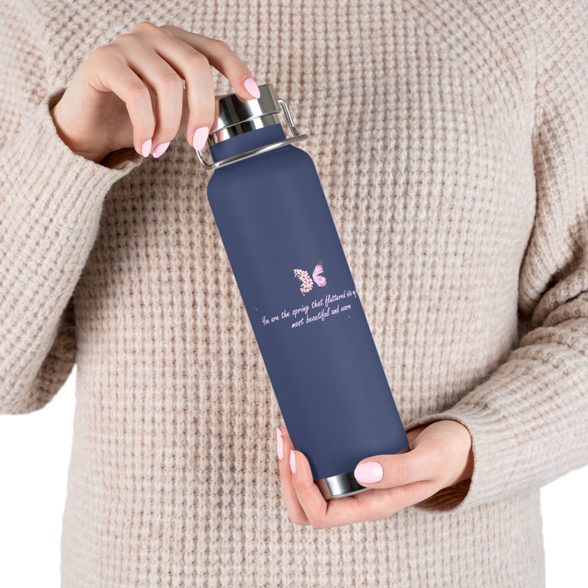 Navy Blue Romantic Floral Butterfly Quote 22oz Copper Vacuum Insulated Bottle