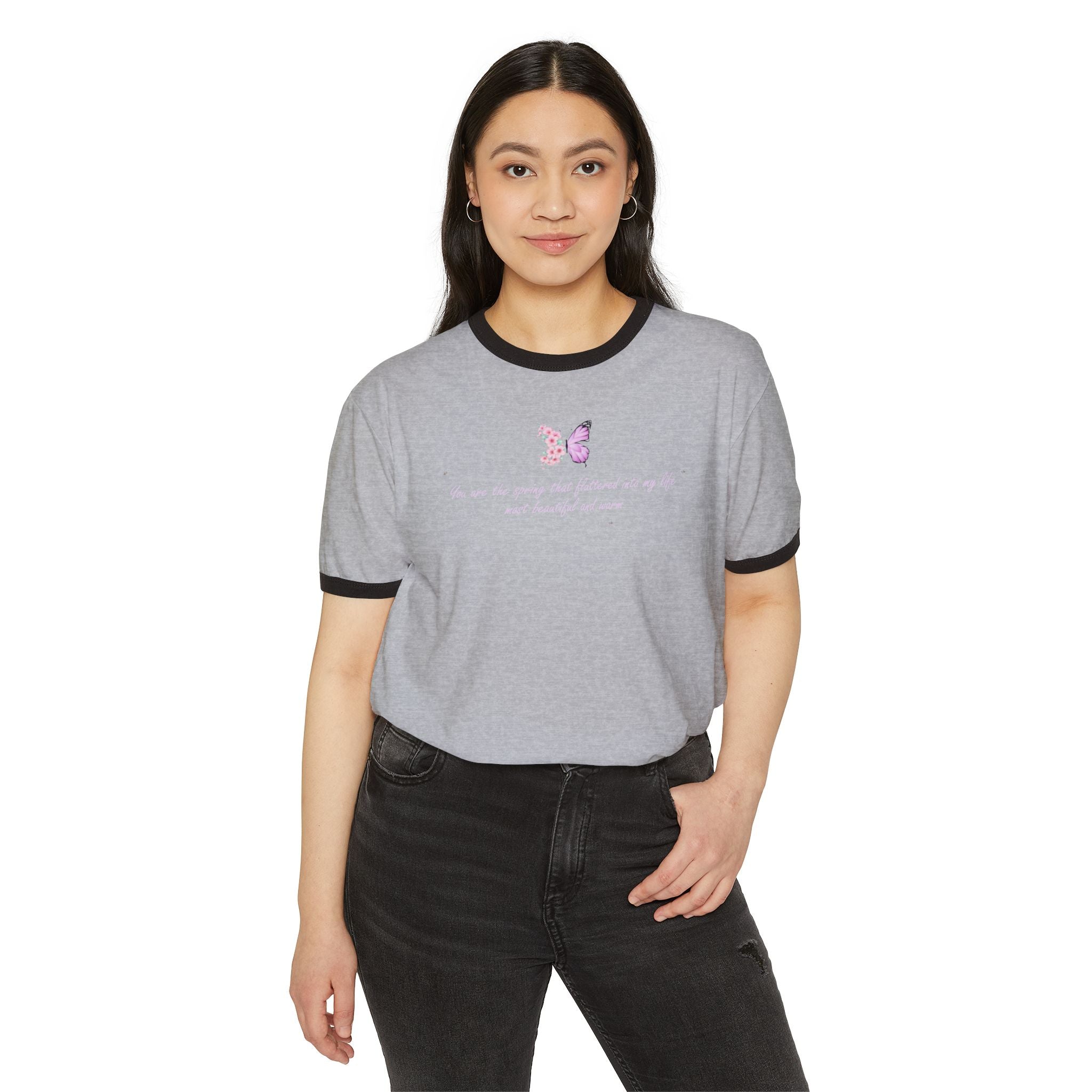 Unisex Natural Floral Butterfly Spring Quote 100% Cotton Ringer T-Shirt