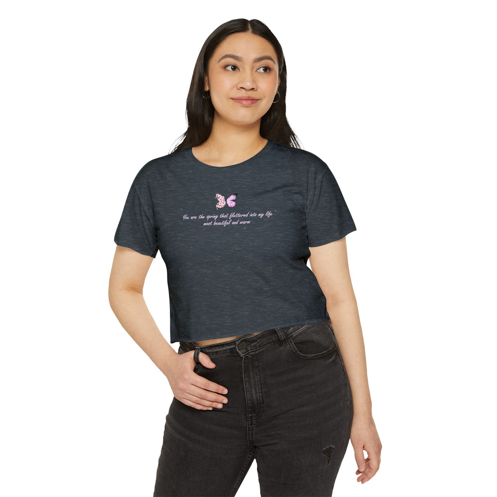 Women's Purple Floral Butterfly Spring Quote Cotton Blend Crop Top