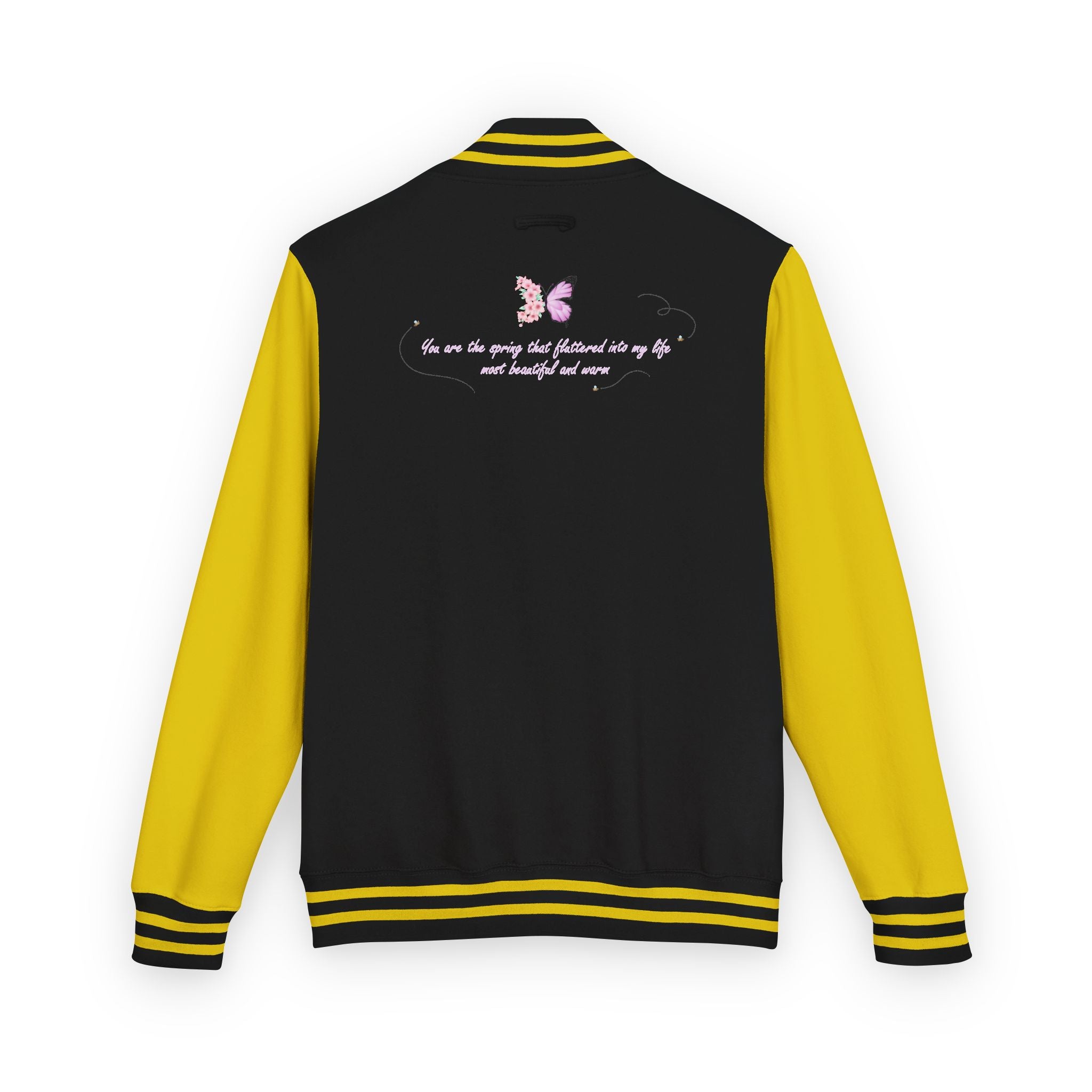 Unisex Navy Blue Floral Butterfly Spring Quote Cotton Blend Letterman Jacket