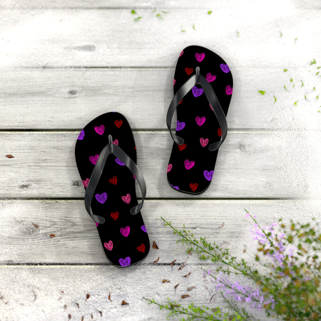 Unisex Black Colorful Hand Drawn Heart Pattern EVA Polyester Flip Flops