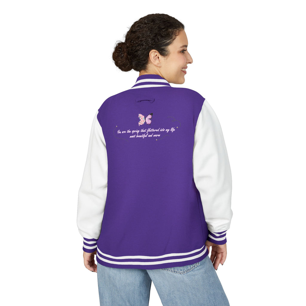 Unisex Navy Blue Floral Butterfly Spring Quote Cotton Blend Letterman Jacket